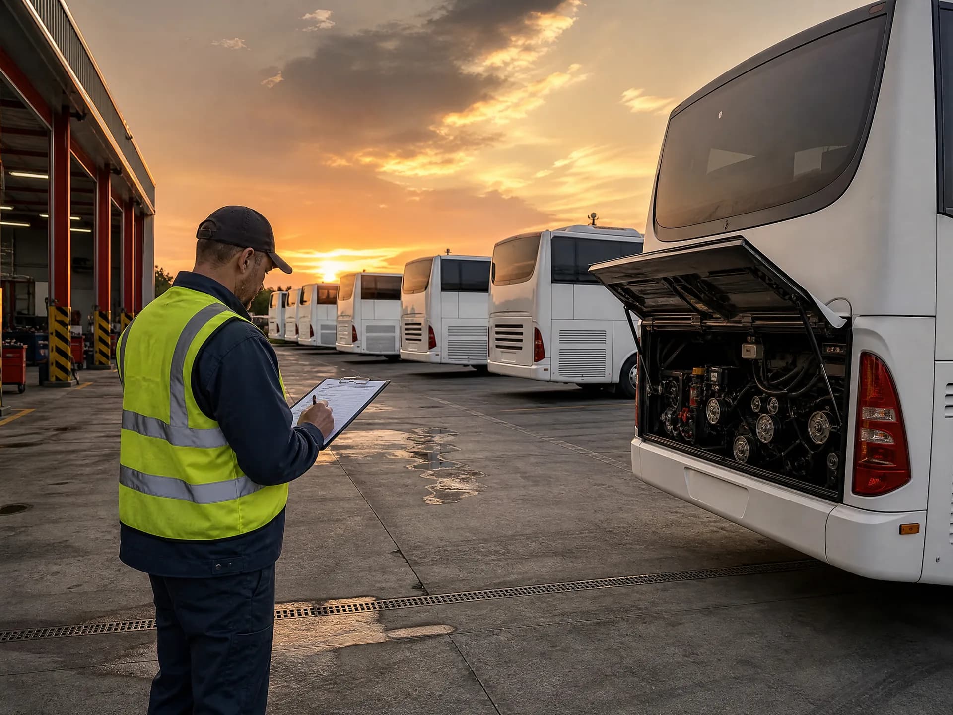 Flota de buses King Long en patio